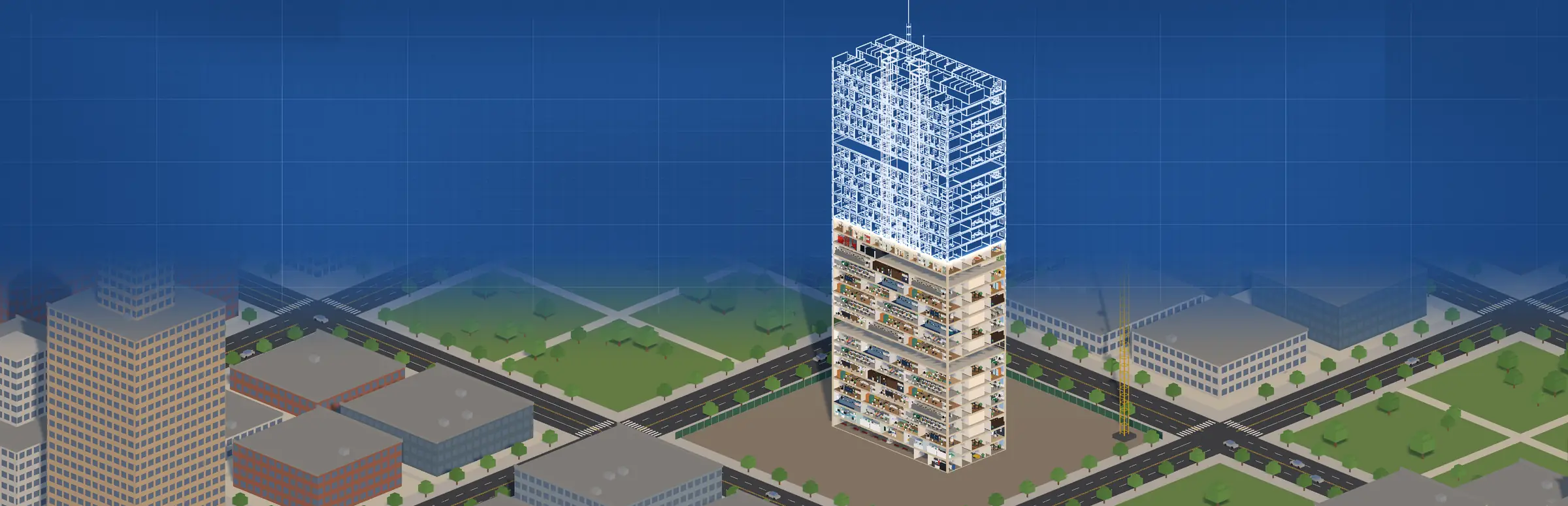 Wide art of the 3D tower in the city, with no text