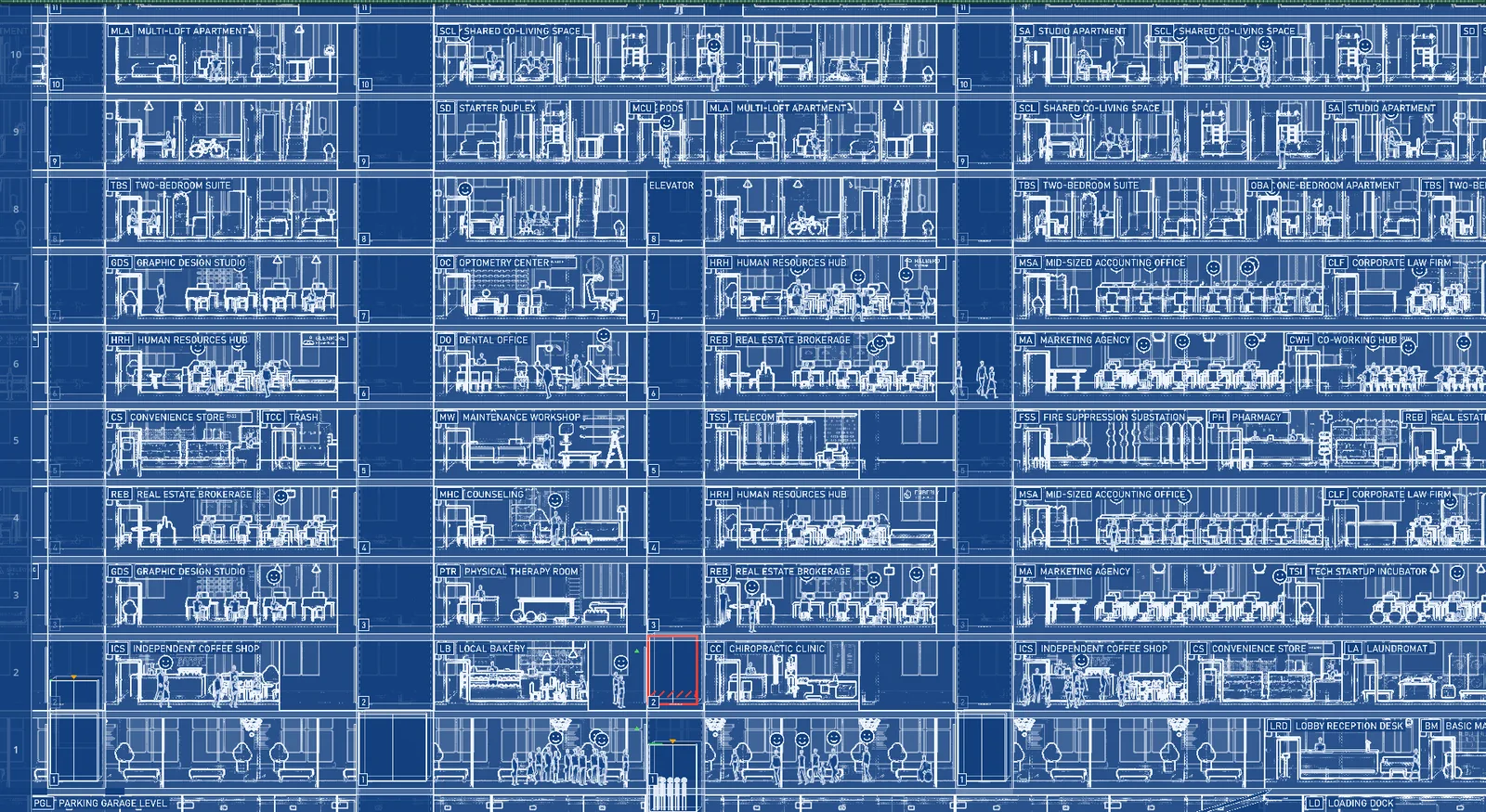 The same floors as a blueprint: white lines on gridded blue paper.