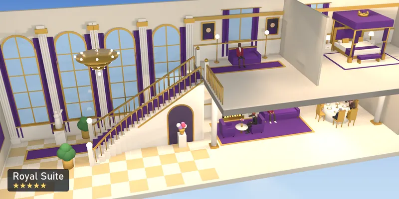Royal Suite, a 5-star room, as a scale model of its 3D room, with the people who use it