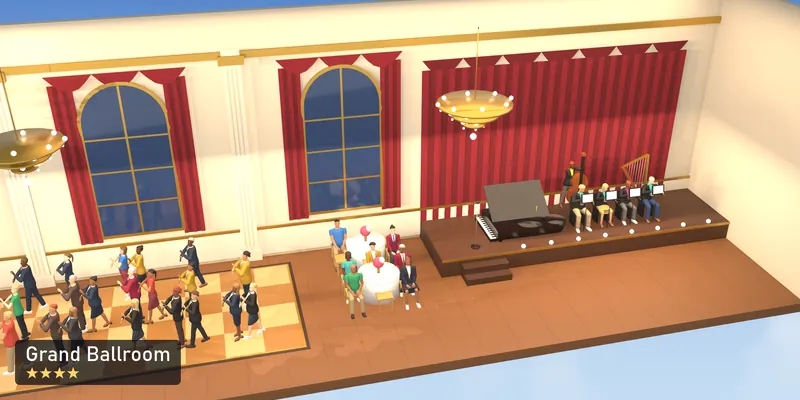 Grand Ballroom, a 4-star room, as a scale model of its 3D room, with the people who use it