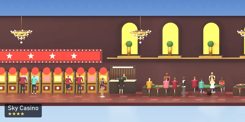 Sky Casino, side on, as the 2D tower draws it, with the people who use it