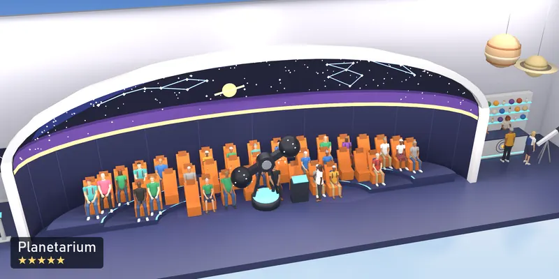 Planetarium, a 5-star room, as a scale model of its 3D room, with the people who use it