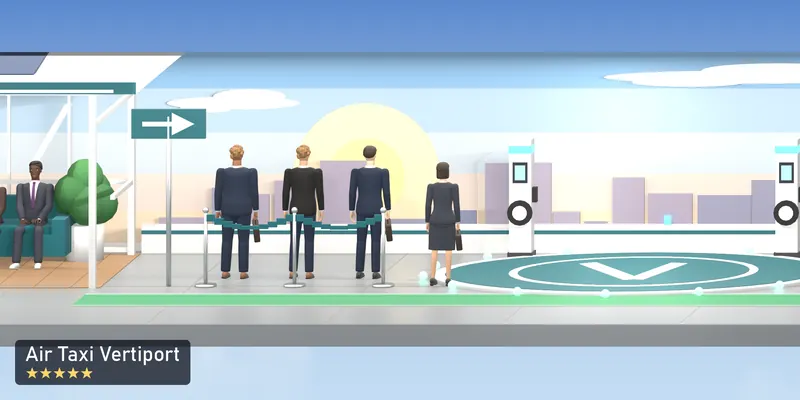 Air Taxi Vertiport, side on, as the 2D tower draws it, with the people who use it