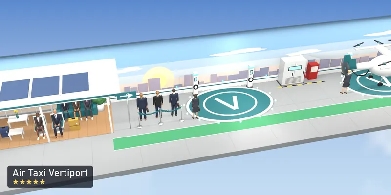 Air Taxi Vertiport, a 5-star room, as a scale model of its 3D room, with the people who use it
