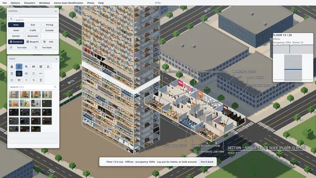 A floor slides out of the rendered 3D tower as an exploded drawing, and the city makes way.