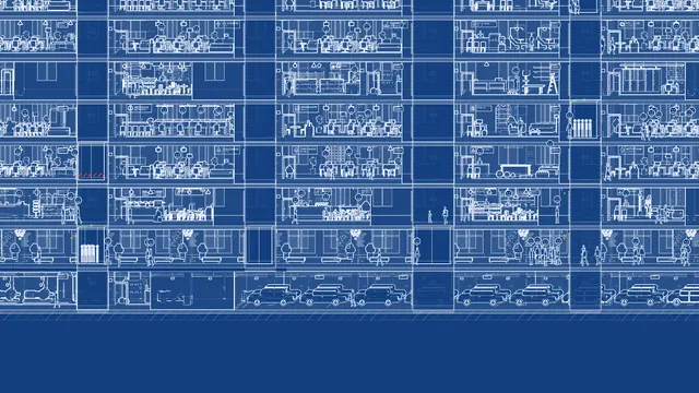 A 2D tower's lower floors and garage as a blueprint.